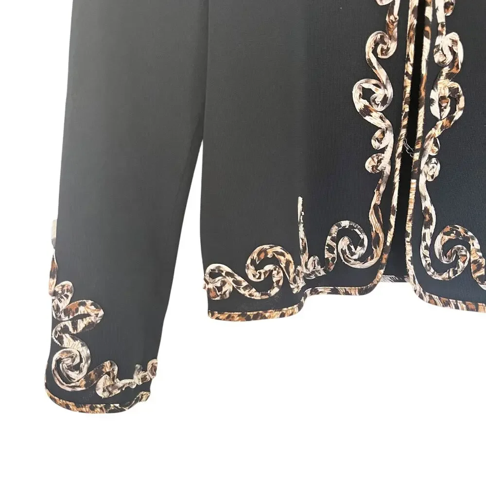 Ming Wang Black Leopard Print Embellished Cardigan Sweater Jacket Size Small